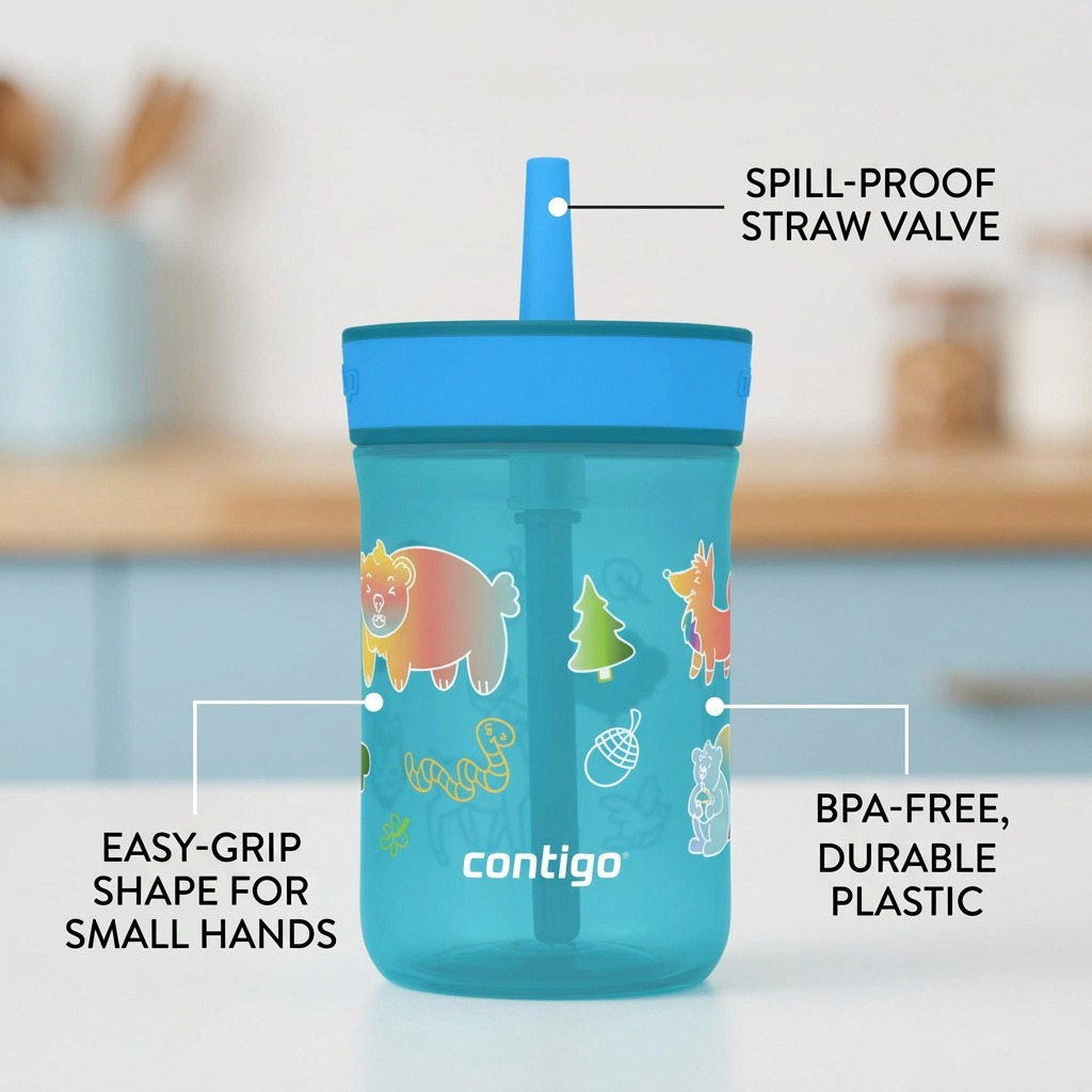 Contigo Leighton Kids Tumbler with labels for spill-proof straw, easy-grip shape, and BPA-free plastic.
