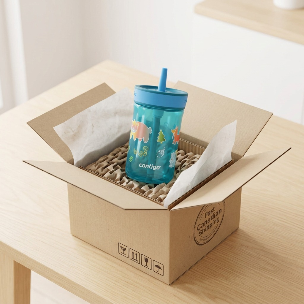 Contigo 14 oz Leighton Kids Straw Tumbler in Juniper Forest safely packaged in a cardboard shipping box.