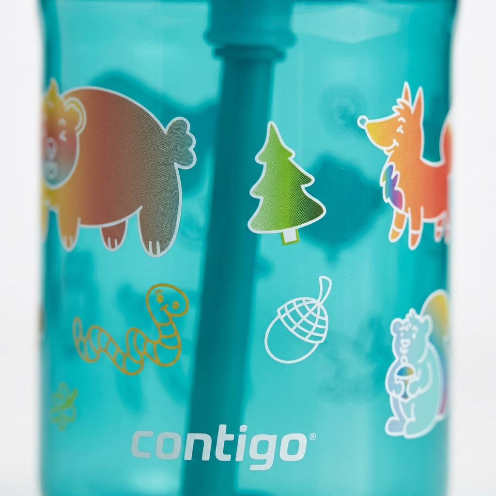 Macro detail of Contigo Leighton Kids Tumbler showing colorful forest animal graphics and logos.