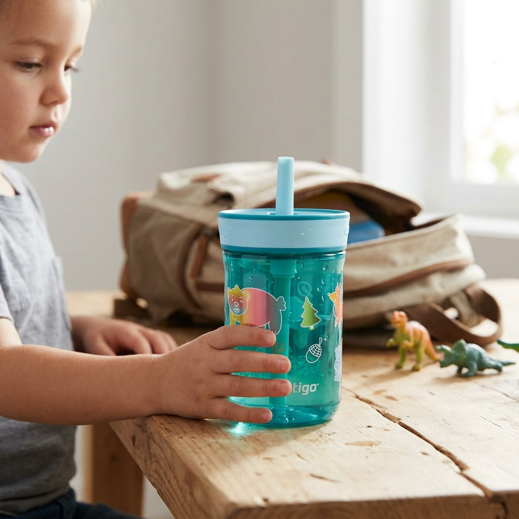 A child reaches for a Contigo Leighton Kids Straw Tumbler in Juniper Forest on a wooden desk.