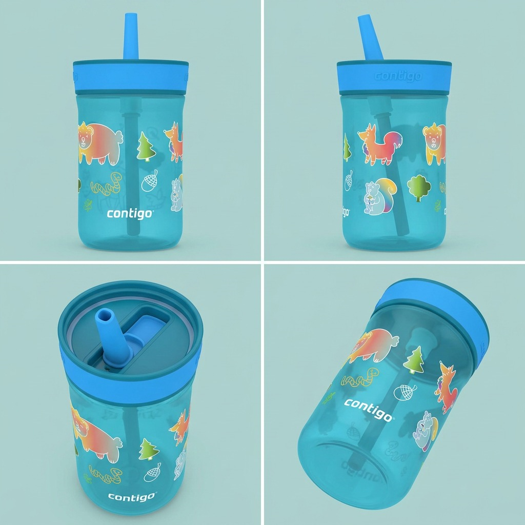 Four angles of the Contigo Leighton Kids Straw Tumbler in Juniper Forest with animal graphics.