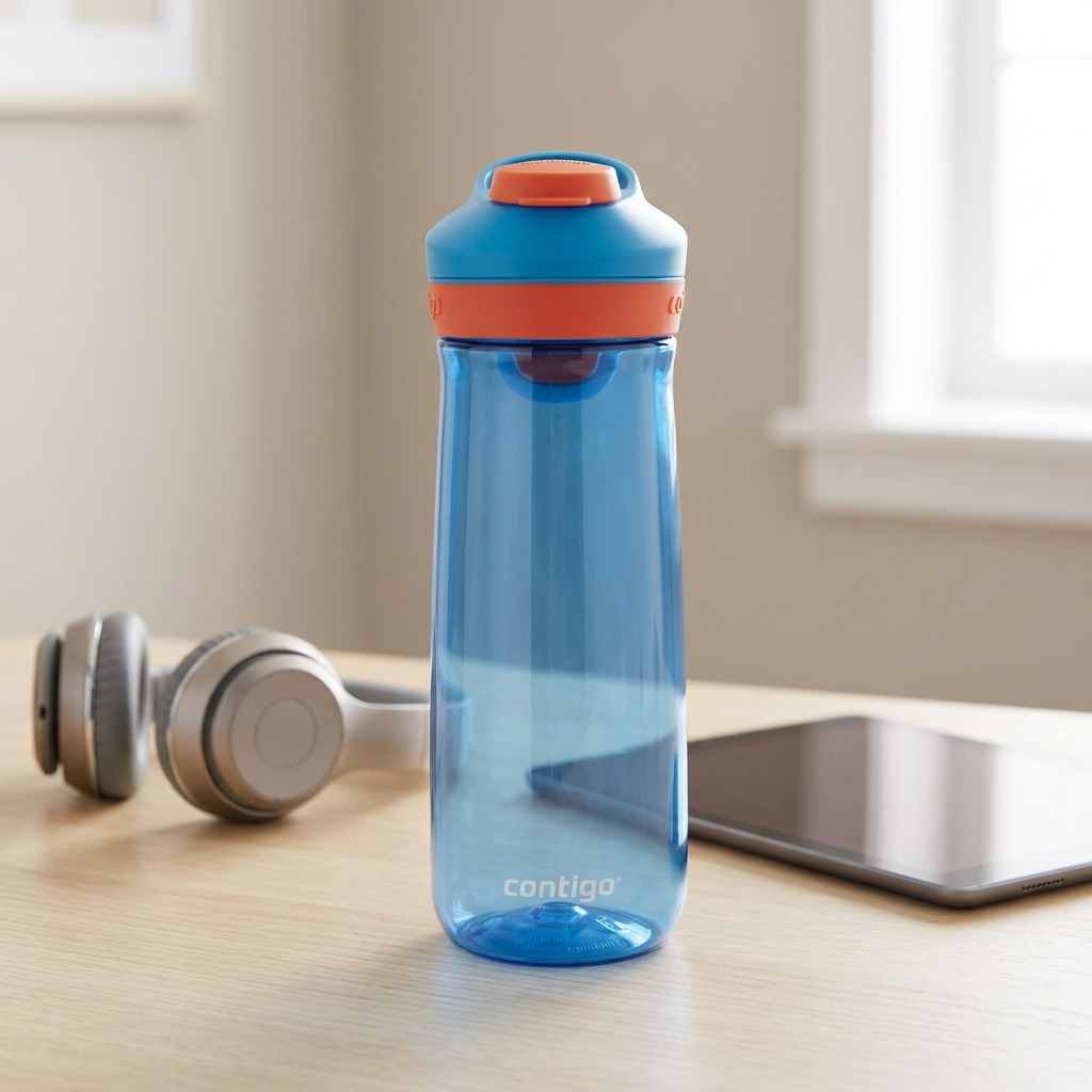 20oz Blue Contigo Autoseal Casey Water Bottle on a desk next to headphones for size reference.