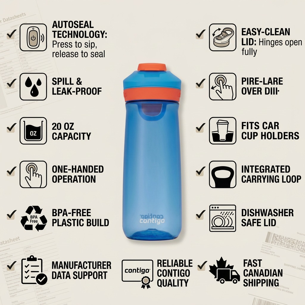 Infographic for Contigo Autoseal Casey 20oz water bottle highlighting spill-proof and BPA-free build.