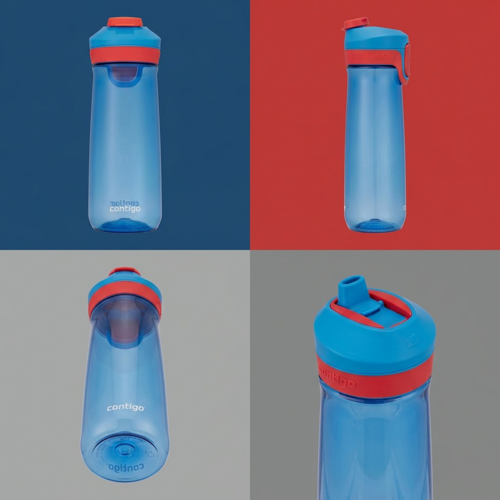 Four-panel view of the Contigo 20oz Casey Blue Poppy water bottle from multiple angles.
