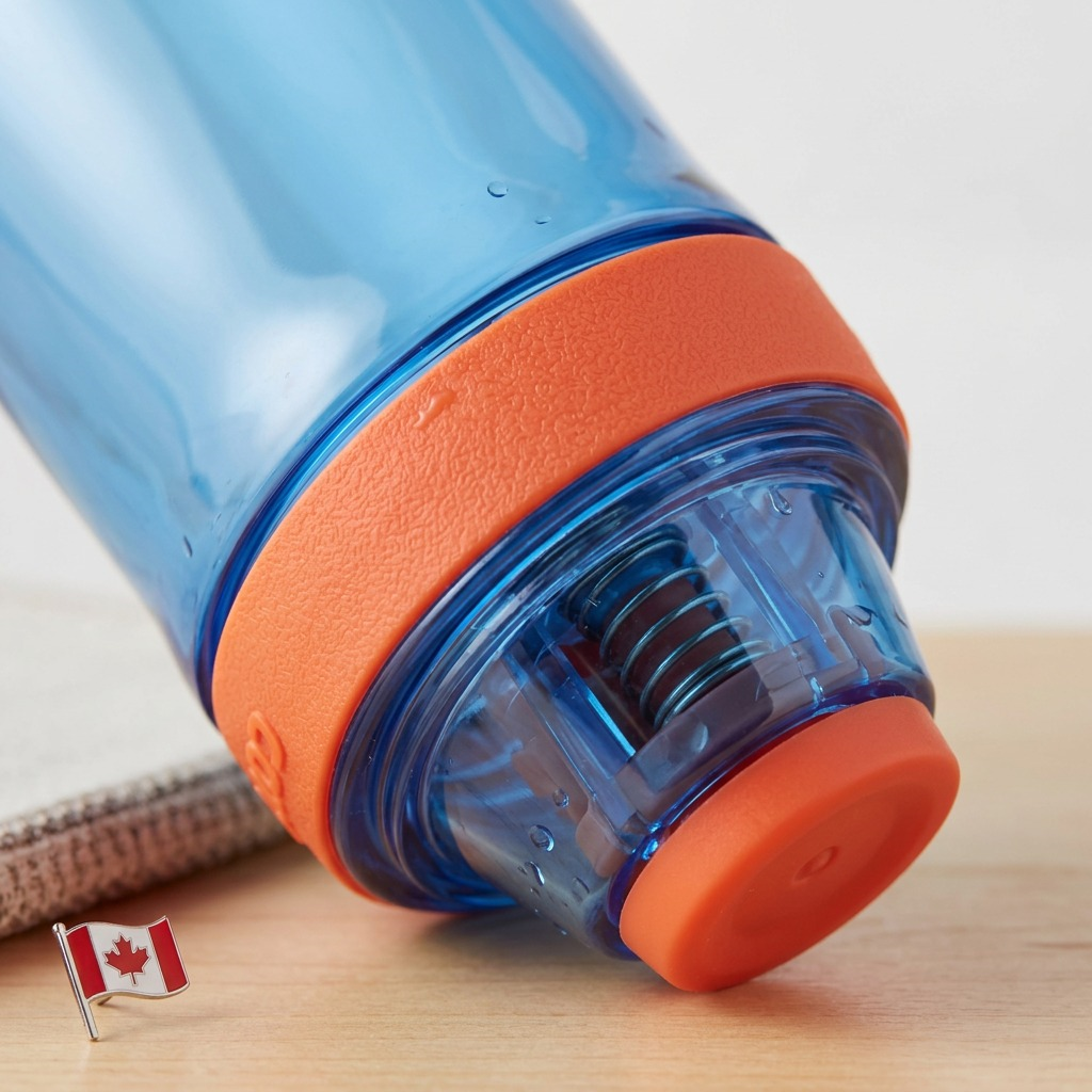 Macro view of the Contigo Casey Water Bottle’s orange Autoseal button and internal spring mechanism.