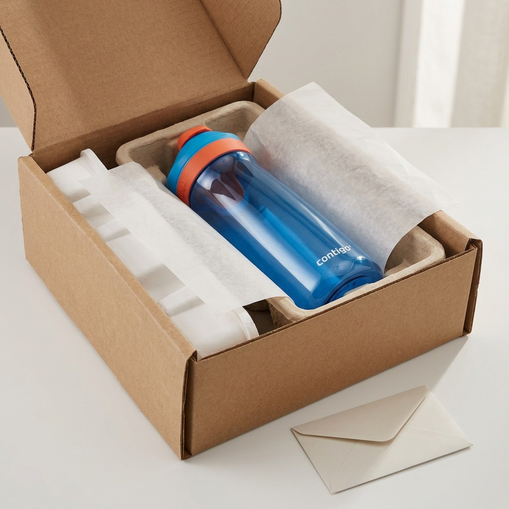 A blue Contigo Casey 20oz water bottle inside a secure cardboard shipping box with protective inserts.
