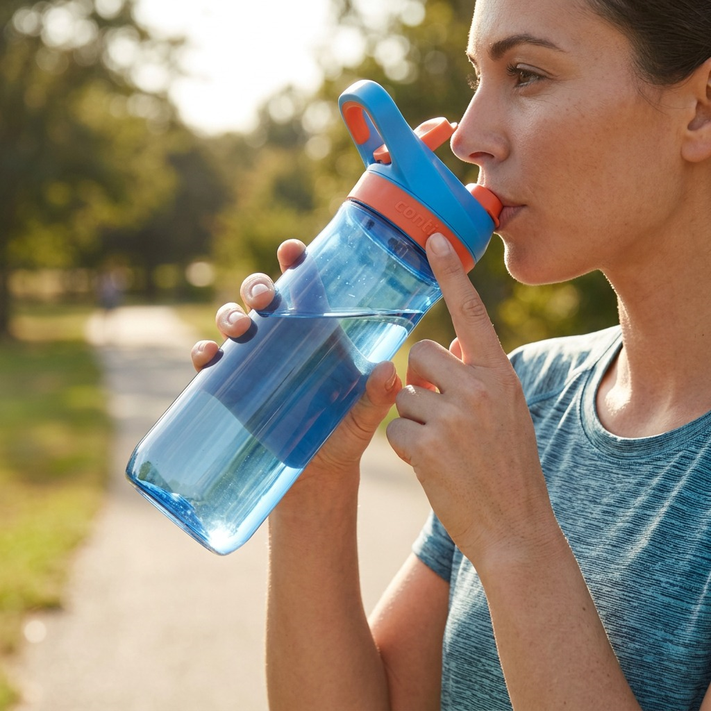 Woman outdoors drinking from a 20oz blue Contigo Autoseal Casey water bottle with orange accents.