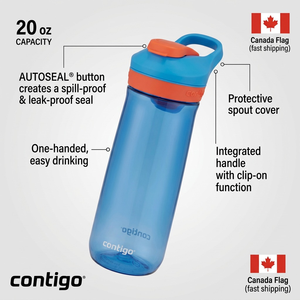 Contigo 20oz Casey Blue Poppy water bottle features with Autoseal button and protective spout cover.