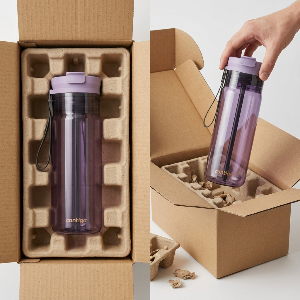 Contigo 24 oz Dual Sip in Purple Carrot safely packaged in a cardboard box with molded inserts.