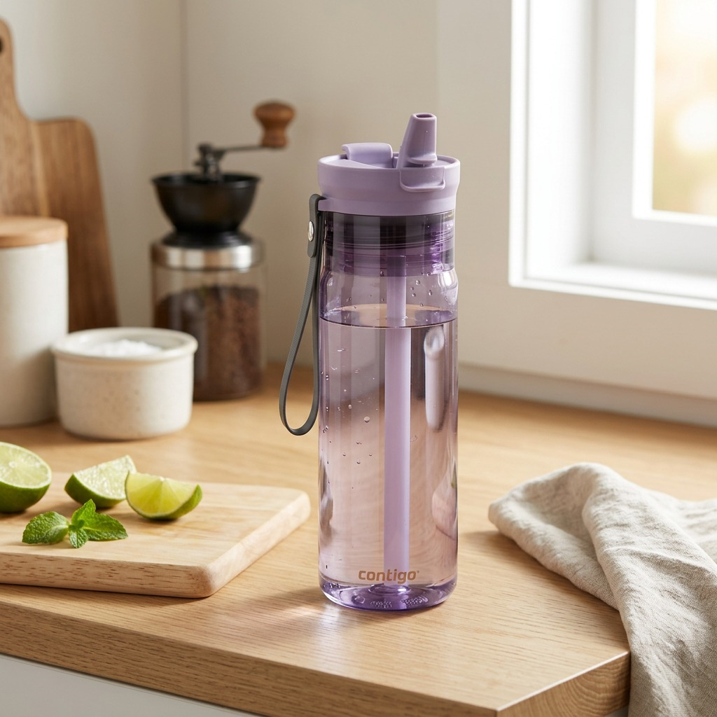 A Contigo 24 oz Dual Sip plastic water bottle in Purple Carrot on a wooden kitchen counter.