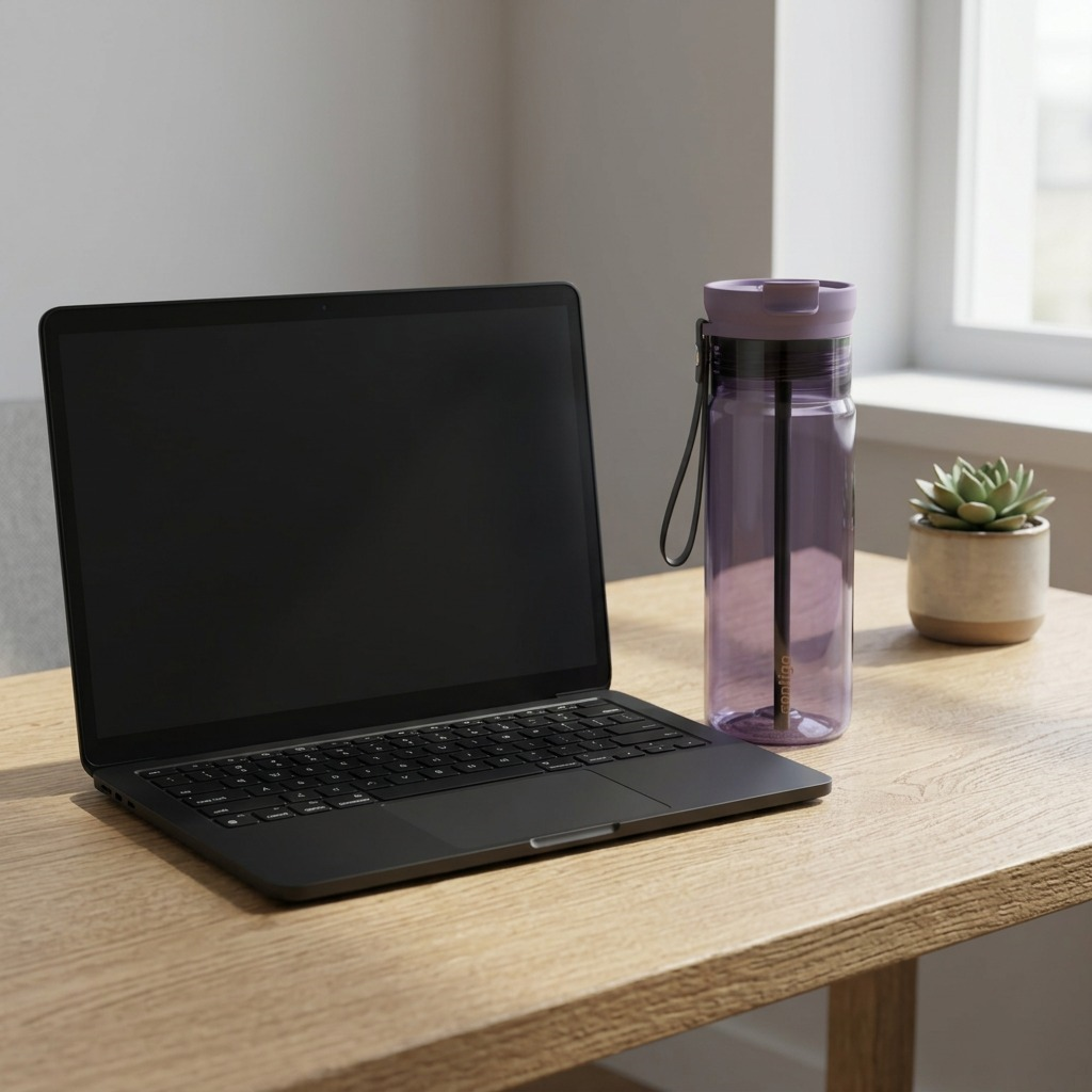 Purple Carrot Contigo 24 oz Dual Sip water bottle sits on a desk next to a laptop for scale.
