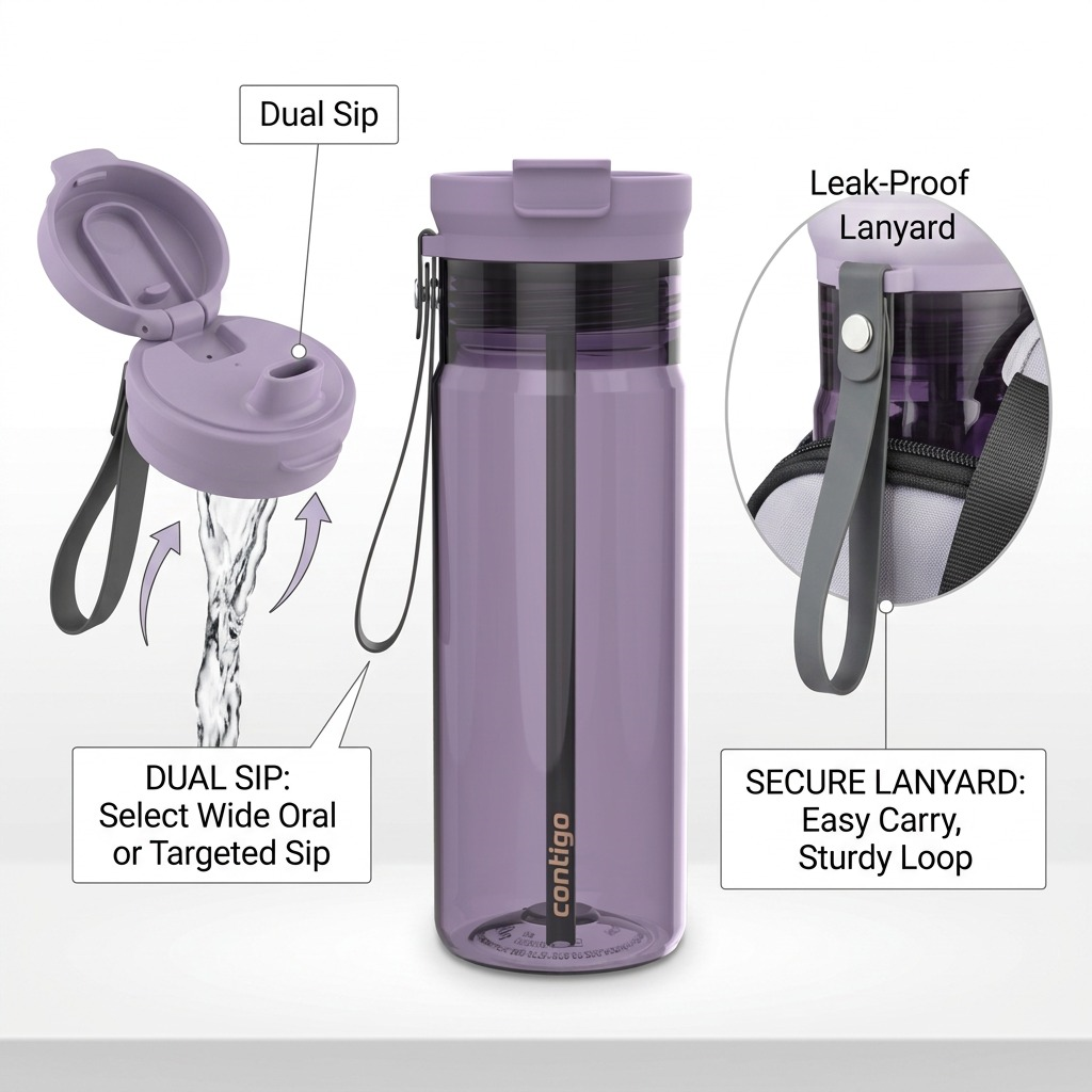 Contigo 24 oz Purple Carrot water bottle featuring its dual sip lid and a secure carry lanyard.