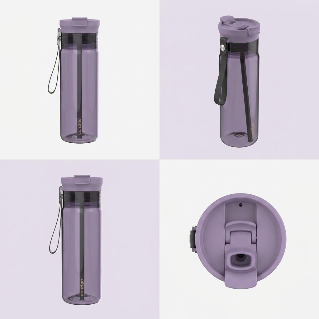 Four angles of the purple Contigo 24 oz Dual Sip bottle showing the lid, straw, and carry loop.