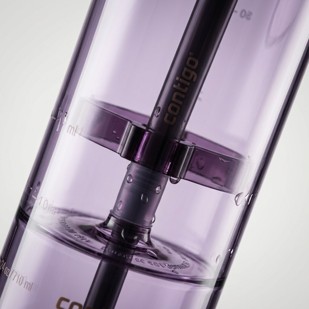 Macro detail of the internal straw and volume markings on a purple Contigo Dual Sip water bottle.