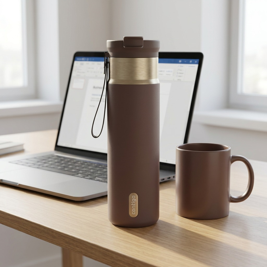 Contigo 24 oz Terra PVD Tumbler standing on a desk next to a laptop and coffee mug for scale.