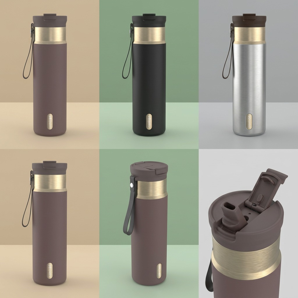 Grid showing the Contigo 24 oz Dual Sip Tumbler in Terra, black, and silver with close-ups of the lid.