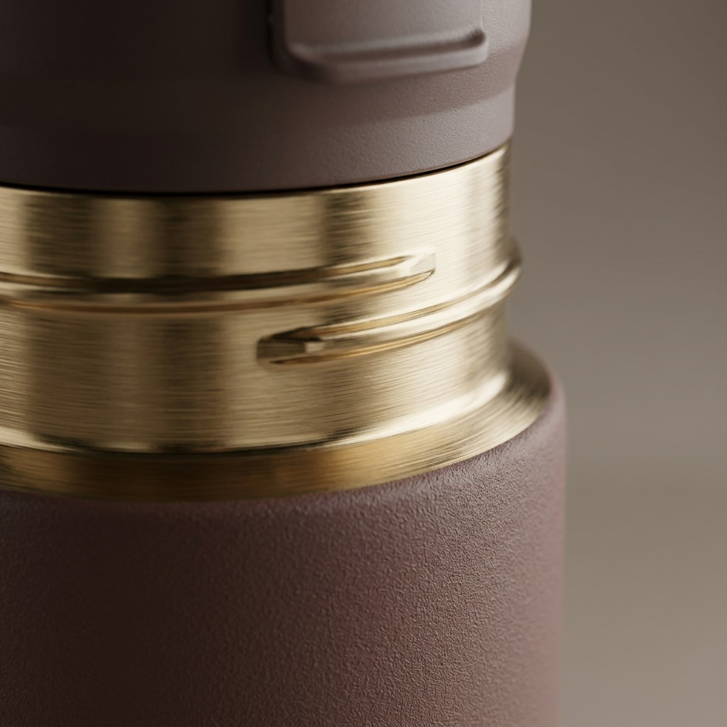 Extreme close-up of the Terra PVD finish and brushed metal rim on a Contigo Dual Sip Tumbler.