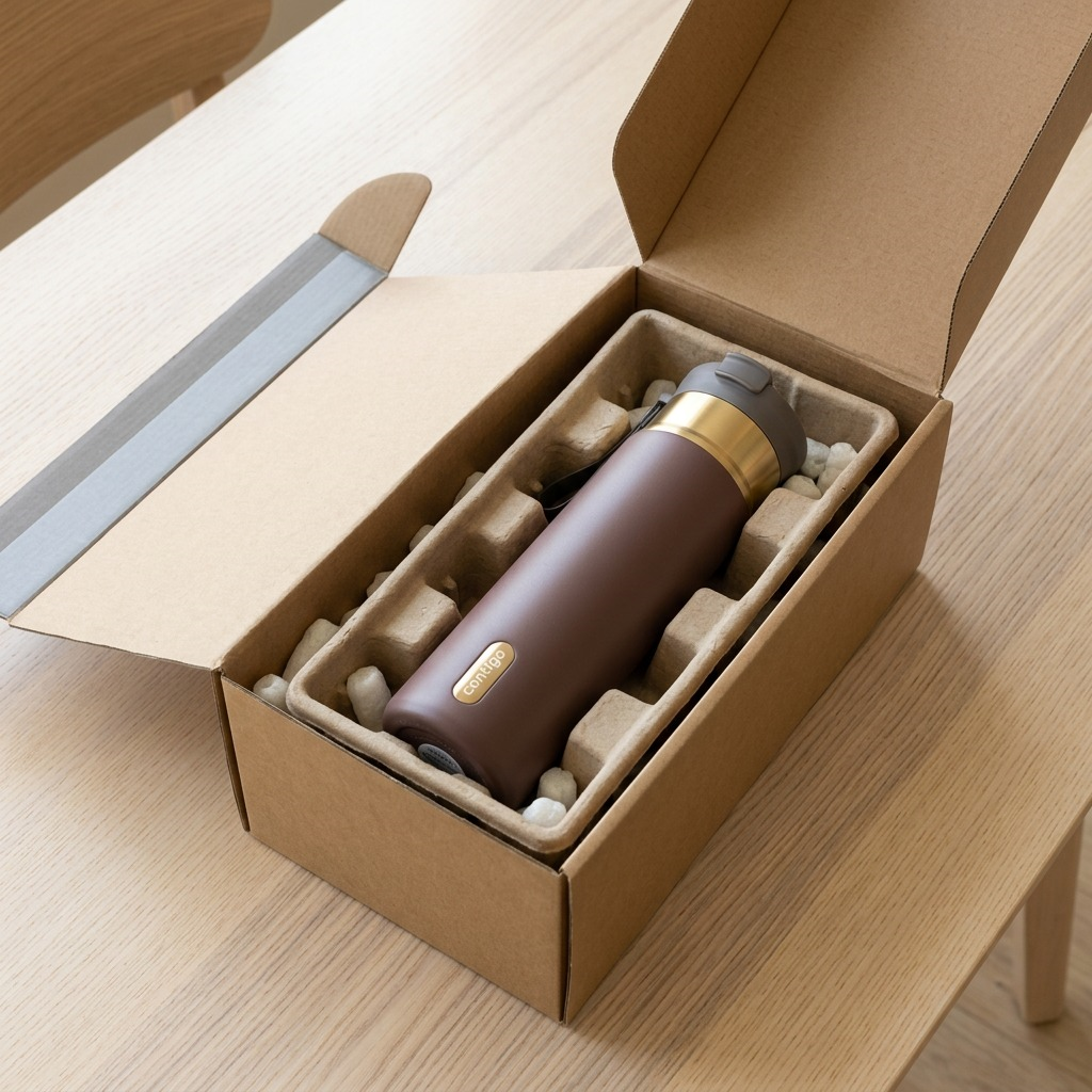 Contigo 24 oz Dual Sip Tumbler in Terra PVD finish arriving in protective cardboard shipping box.
