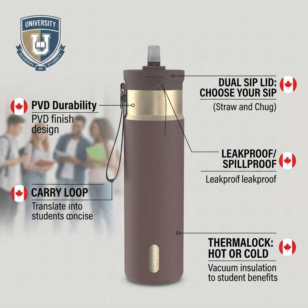 Contigo Terra 24 oz Dual Sip tumbler feature graphic highlighting its leakproof lid and carry loop.