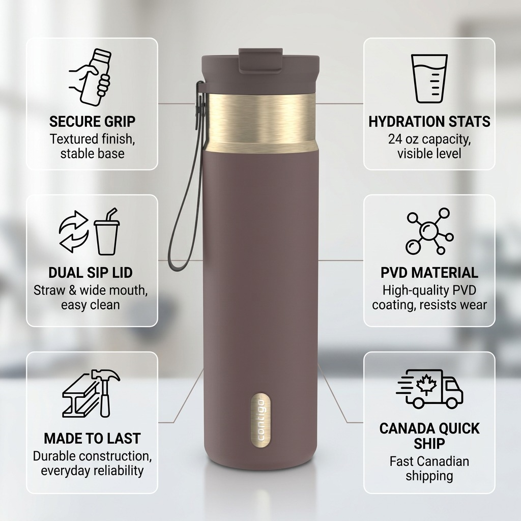 Contigo 24 oz Dual Sip Tumbler infographic showing PVD finish, hydration stats, and quick shipping.