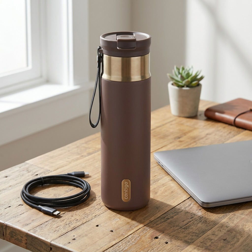 A Contigo 24 oz Dual Sip Thermal Tumbler in Terra brown on a wooden desk next to a laptop.