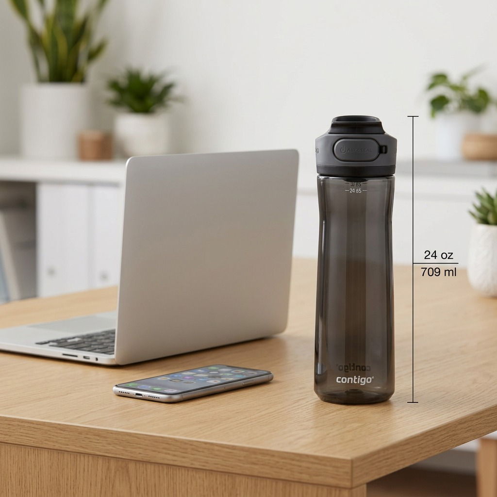 Contigo 24oz Cortland 2.0 Licorice water bottle on a desk next to a laptop and phone for scale.