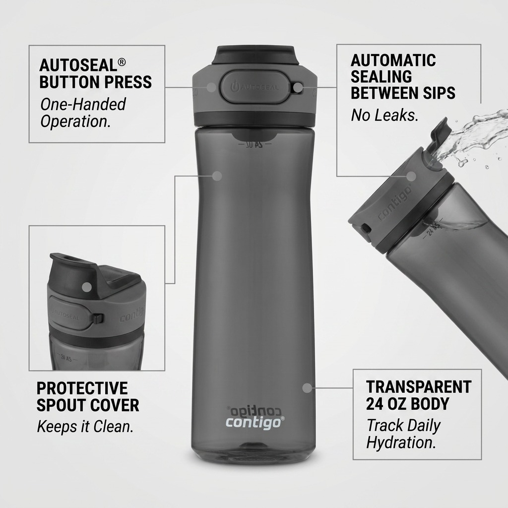 Contigo 24oz Cortland 2.0 Licorice bottle with Autoseal button, spout cover, and leak-proof lid.