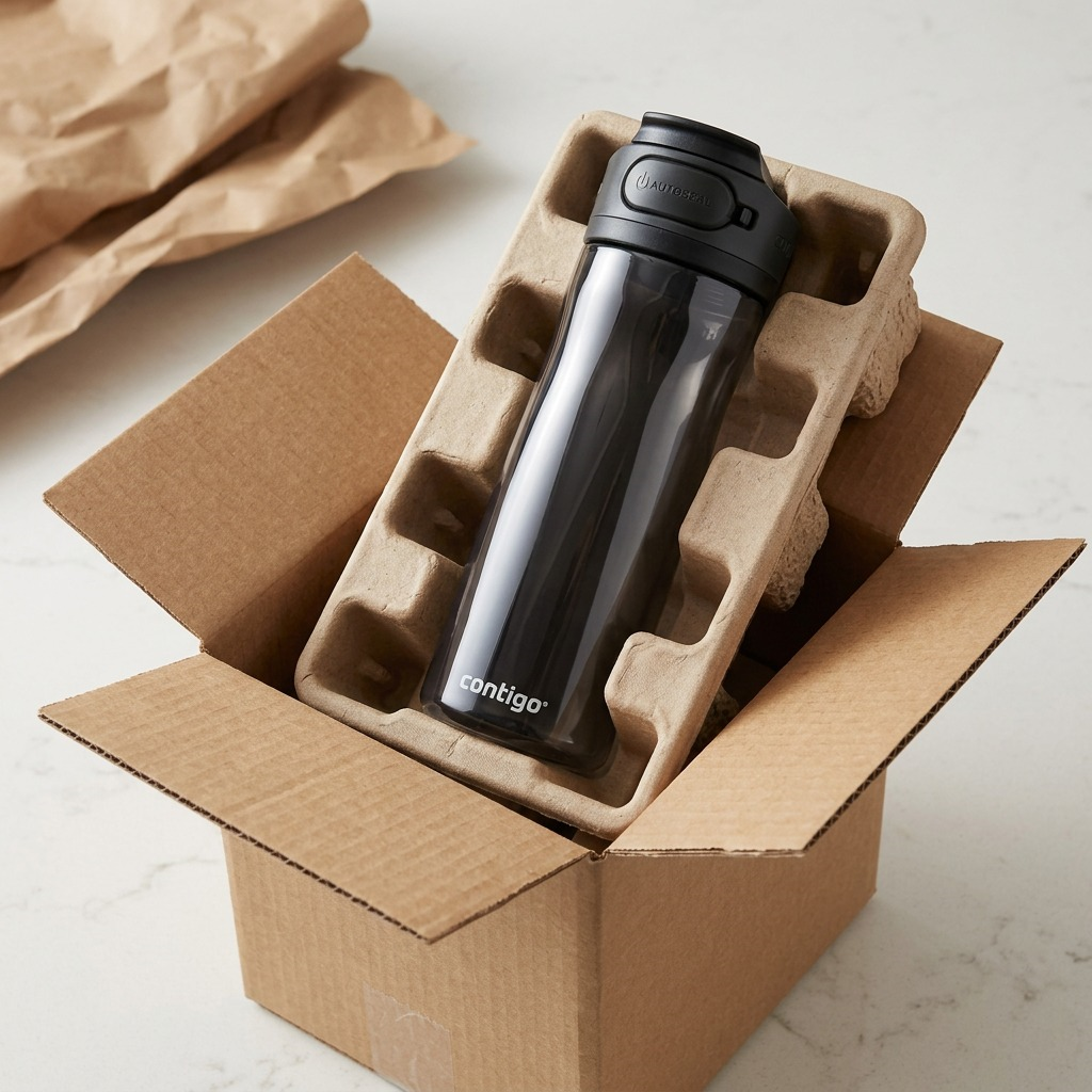 A Contigo 24oz Cortland 2.0 Licorice bottle securely nestled in protective cardboard shipping tray.