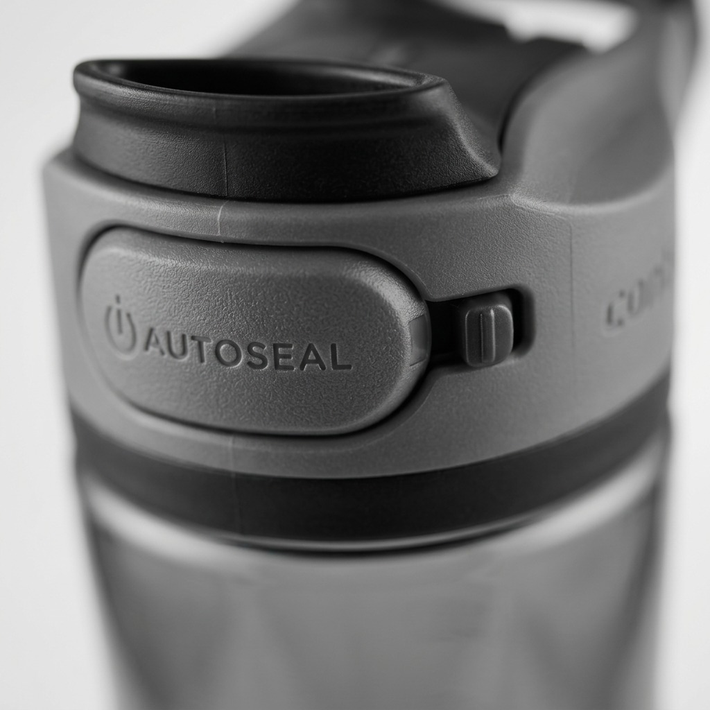 Macro detail of the gray Contigo Autoseal Cortland 2.0 lid showing the push button and slide lock.