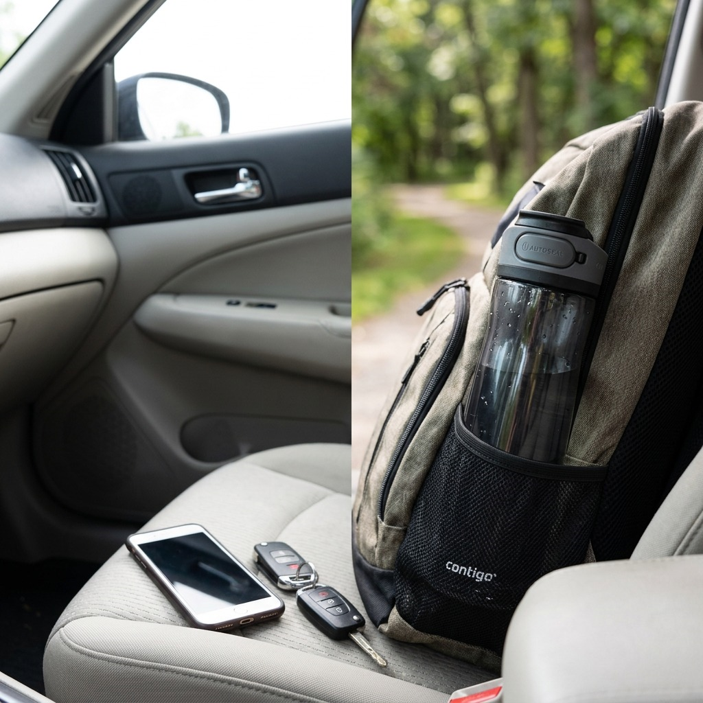 A 24oz Contigo Cortland 2.0 Licorice water bottle in the side pocket of a backpack inside a car.