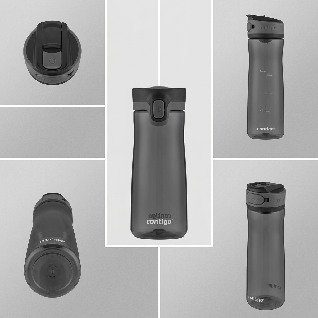 Multiple angles of the Contigo 24oz Cortland 2.0 Licorice water bottle showing lid and base views.