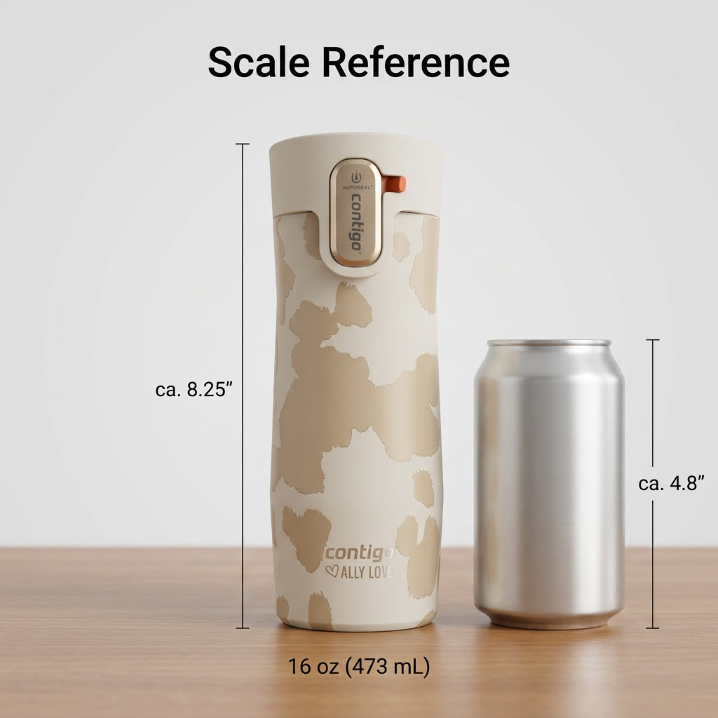 Scale reference: Contigo x Ally Love West Loop 3.0 travel mug shown beside a standard soda can.