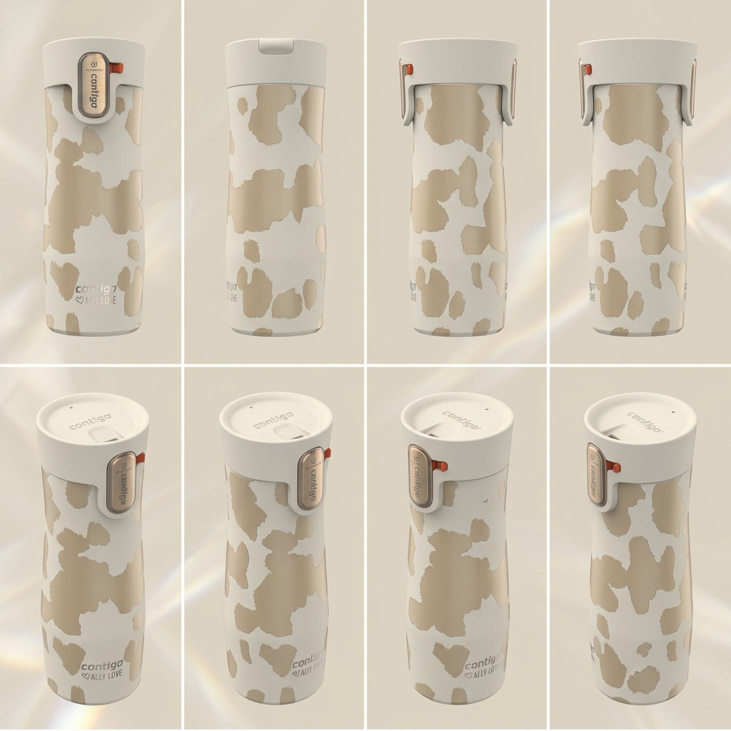 Grid of Contigo x Ally Love West Loop 3.0 travel mugs in Oatmilk showing front and angled views.