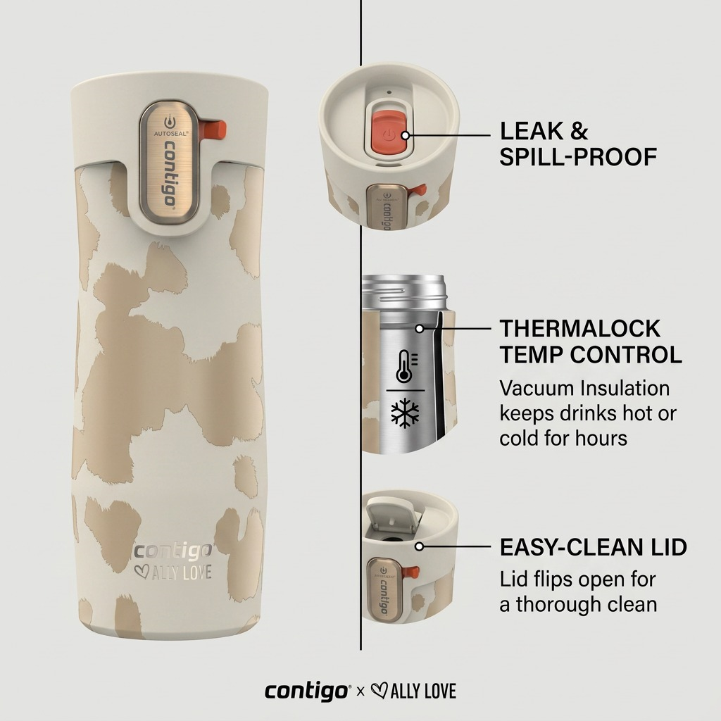 Contigo x Ally Love West Loop 3.0 travel mug in Oatmilk cow print with leak-proof lid feature labels.