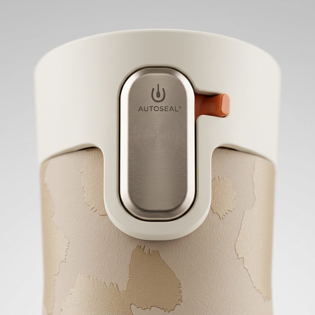 Macro view of the Contigo West Loop 3.0 Oatmilk lid showing the stainless steel AUTOSEAL button.