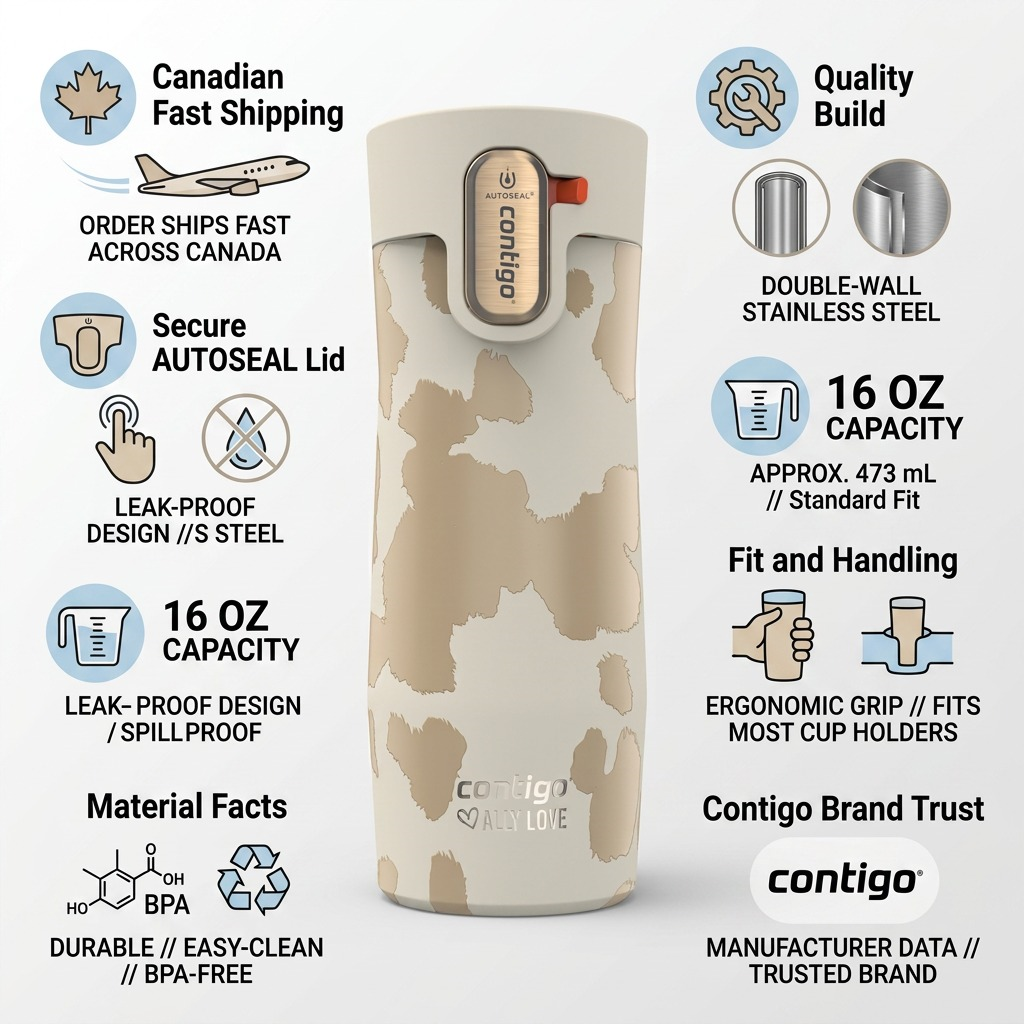 Contigo West Loop 3.0 travel mug infographic showing leak-proof lid, stainless steel, and 16 oz capacity.