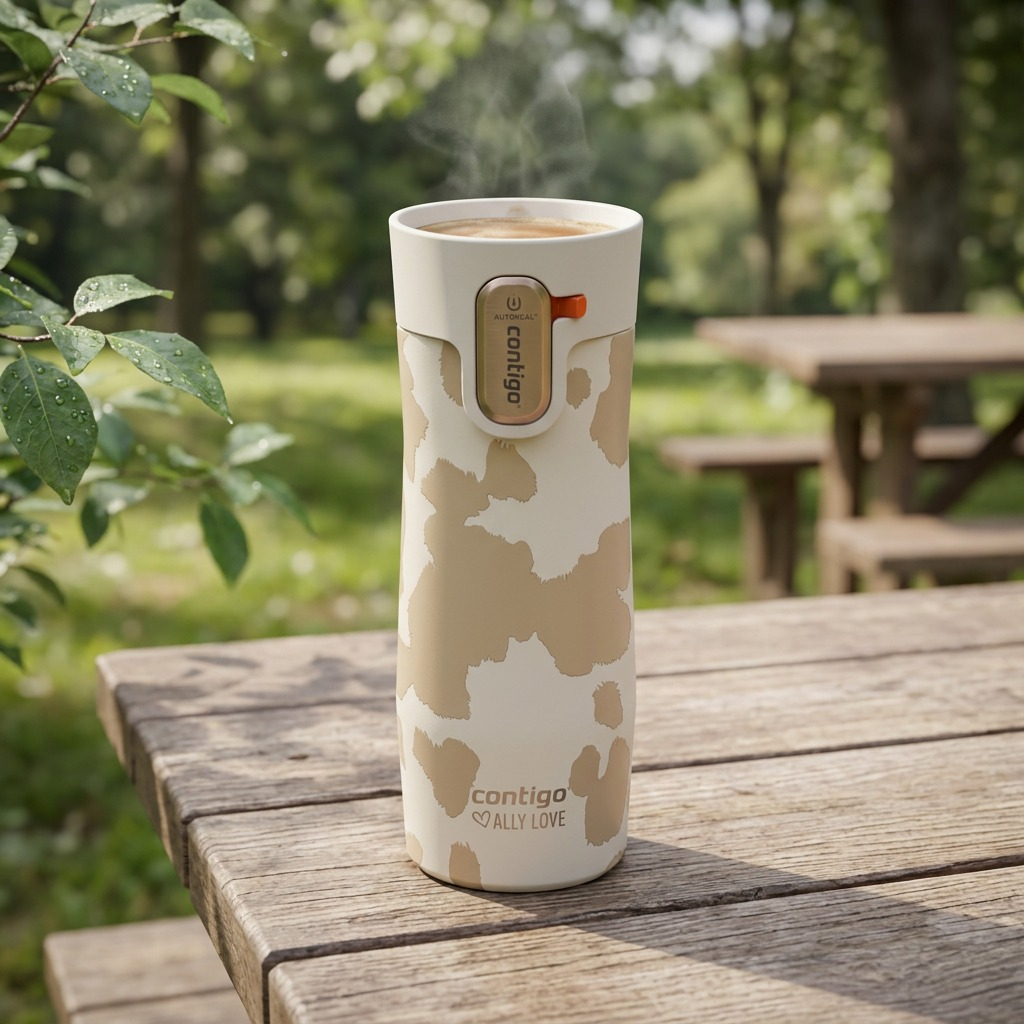 Contigo x Ally Love West Loop 3.0 travel mug in Oatmilk on a park picnic table with steam rising.