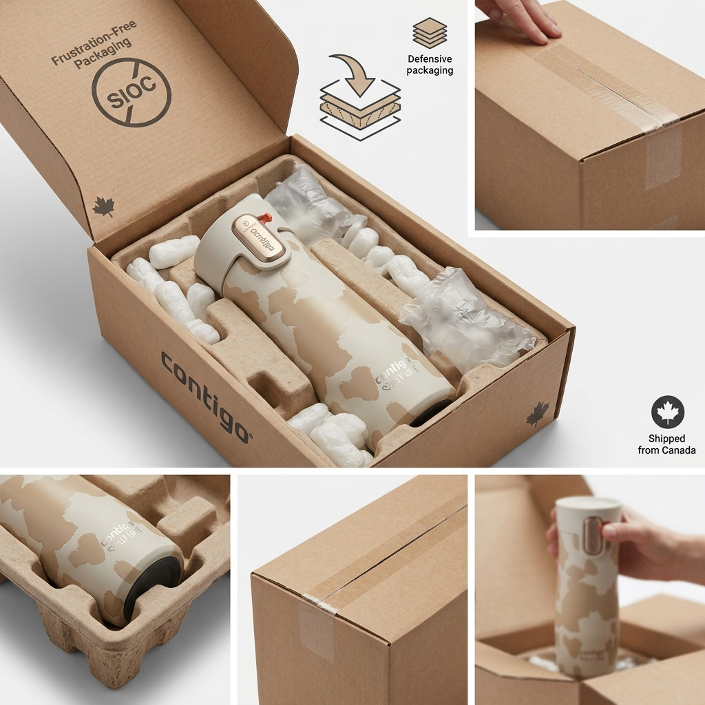 Contigo West Loop 3.0 travel mug in Oatmilk inside protective shipping box with foam and cushions.
