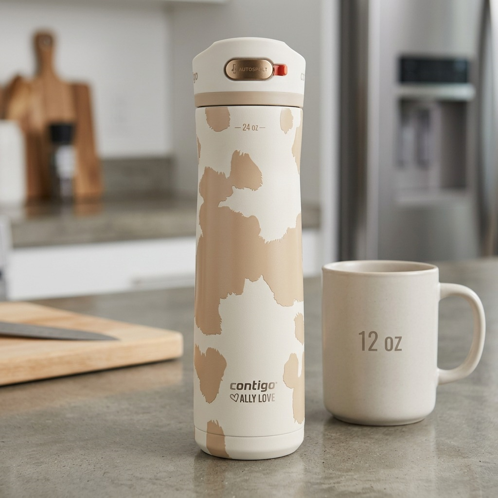 Contigo Ashland Chill 2.0 24oz water bottle in Oatmilk shown next to a 12oz mug for size reference.