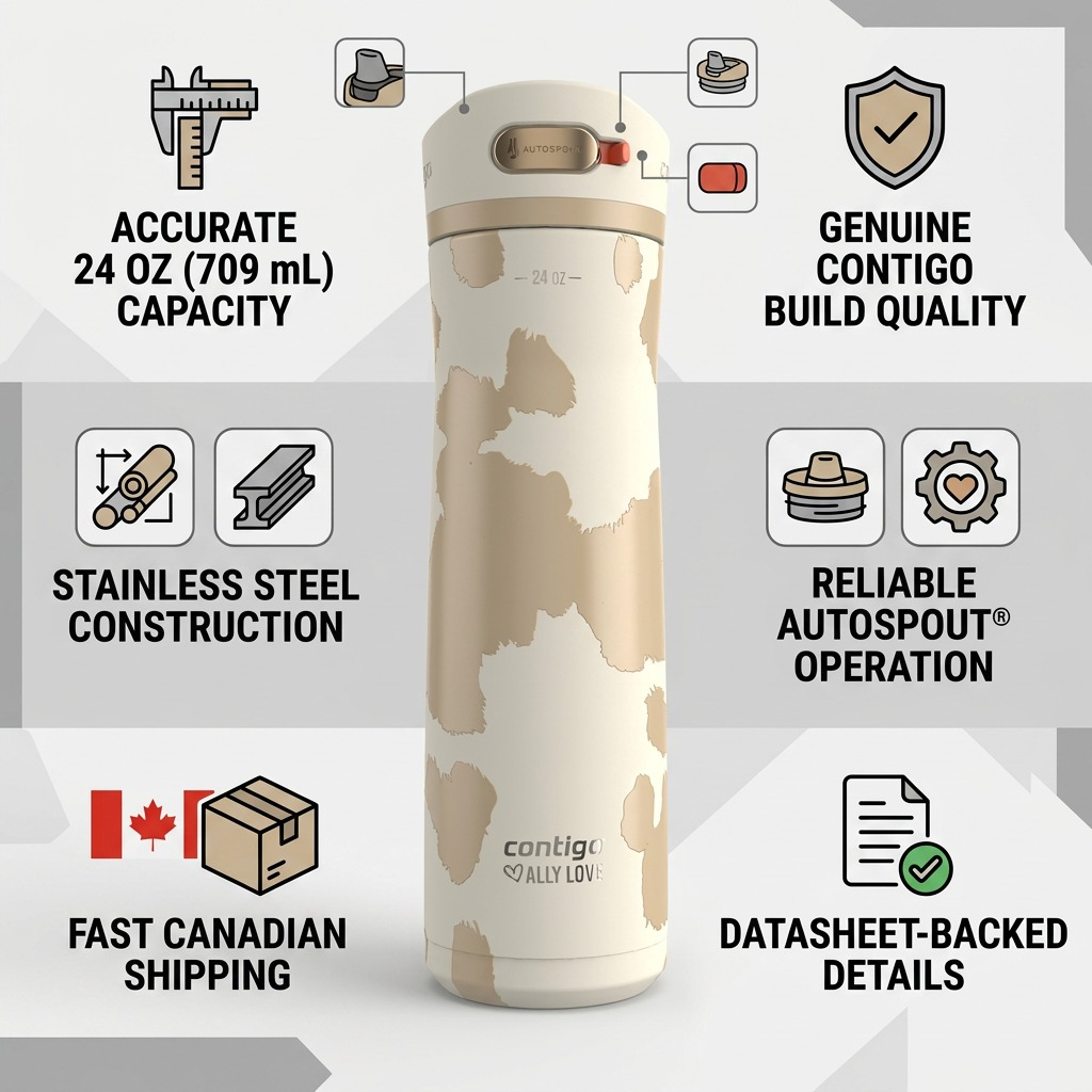 Infographic for Contigo x Ally Love Ashland Chill 2.0 water bottle highlighting local Canadian shipping.