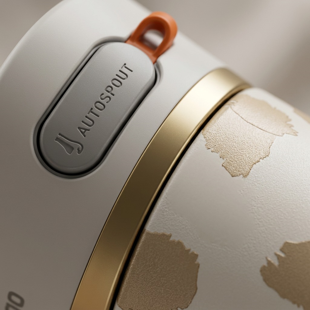 Macro detail of the Contigo Ashland Chill 2.0 AUTOSPOUT button and gold-tone accent collar.