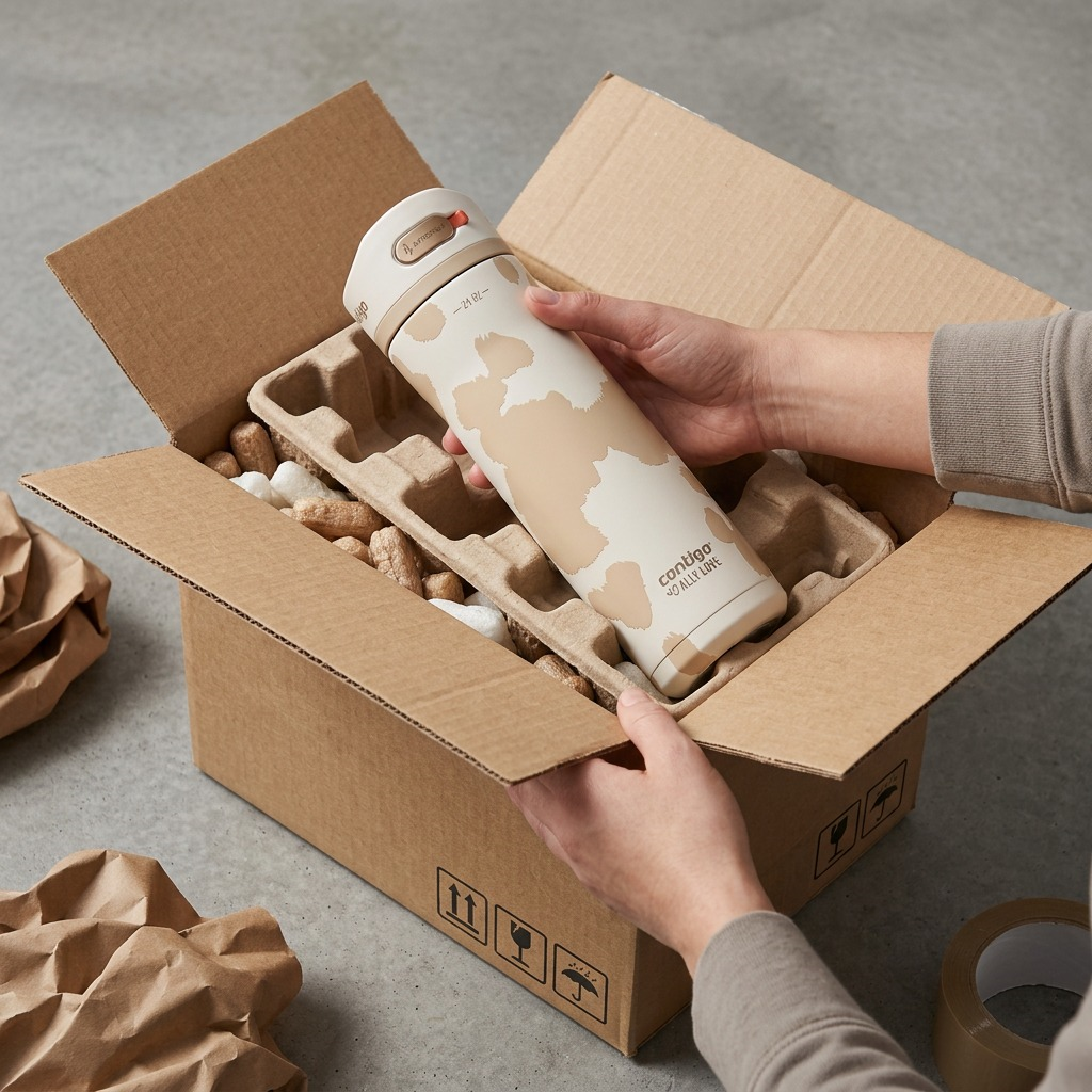 Person unboxing a Contigo Ashland Chill 2.0 water bottle from a secure cardboard shipping box.
