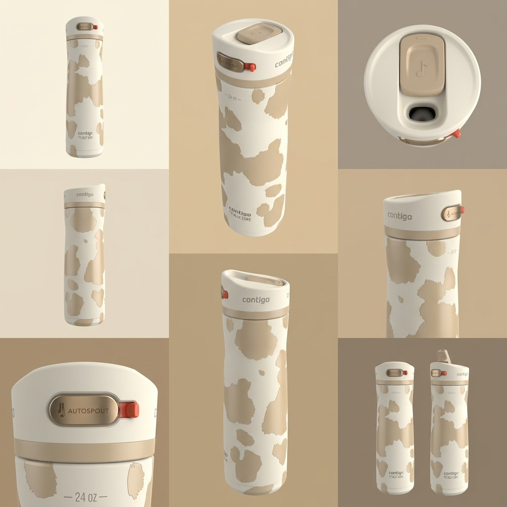 A grid of views showcasing the Contigo Ashland Chill 2.0 Oatmilk bottle angles and AUTOSPOUT lid.
