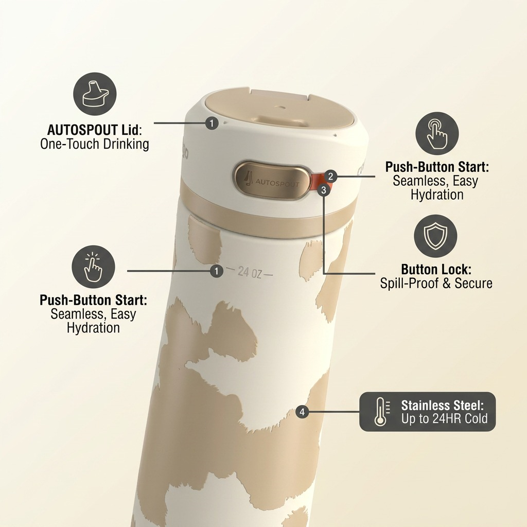 Contigo Ashland Chill 2.0 water bottle features showing AUTOSPOUT lid and 24-hour cooling.