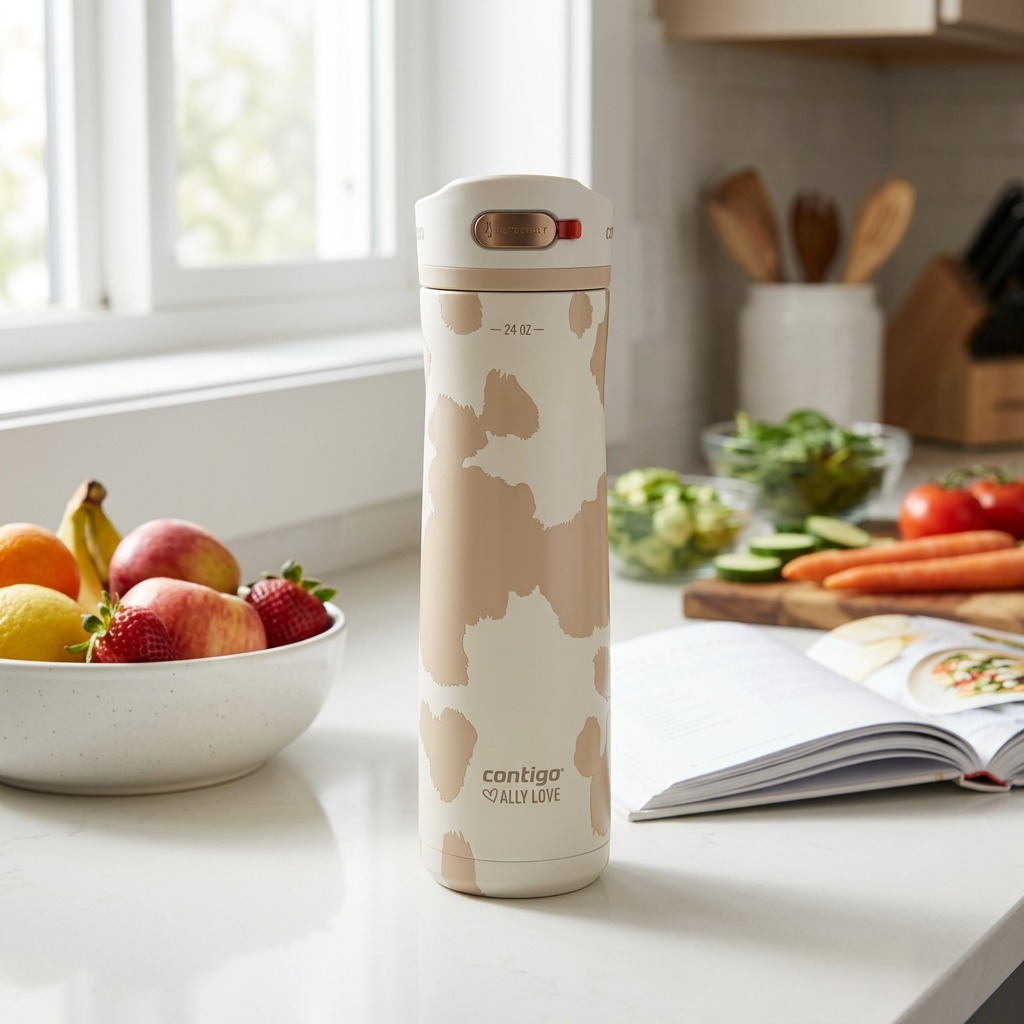 Contigo x Ally Love Ashland Chill 2.0 24oz Oatmilk insulated bottle on a kitchen counter.