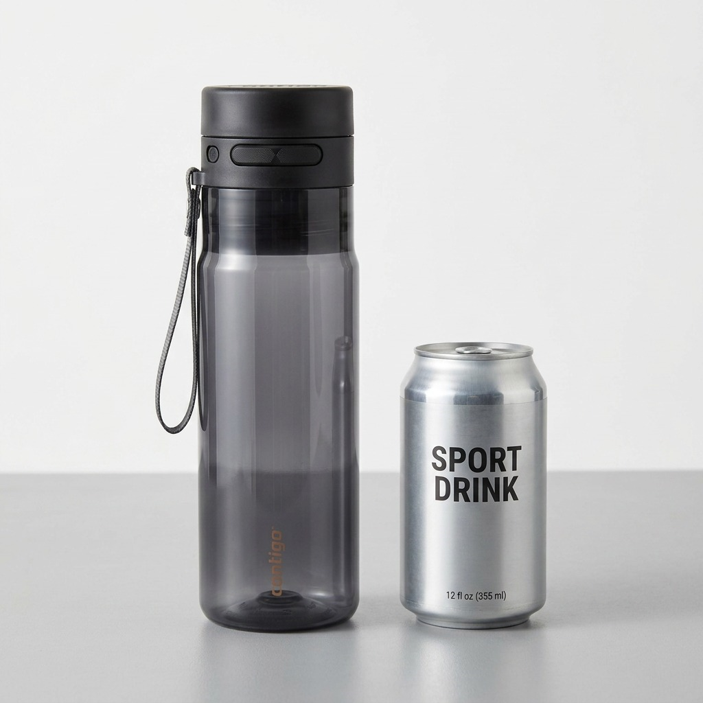 A 24oz Contigo AutoPop Water Bottle in Licorice shown next to a 12oz aluminum can for size scale.