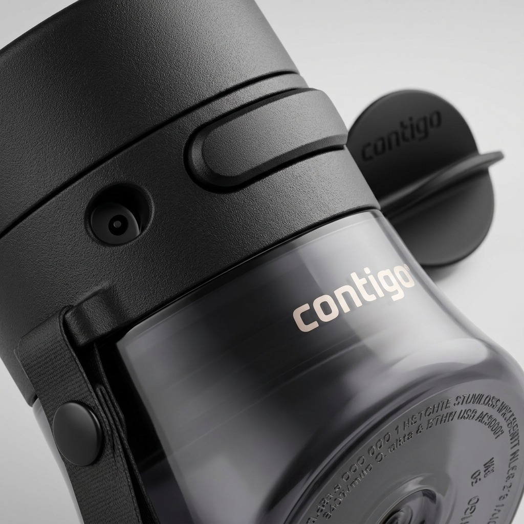 Extreme close-up of a black Contigo AutoPop water bottle featuring the lid, button, and carry strap.