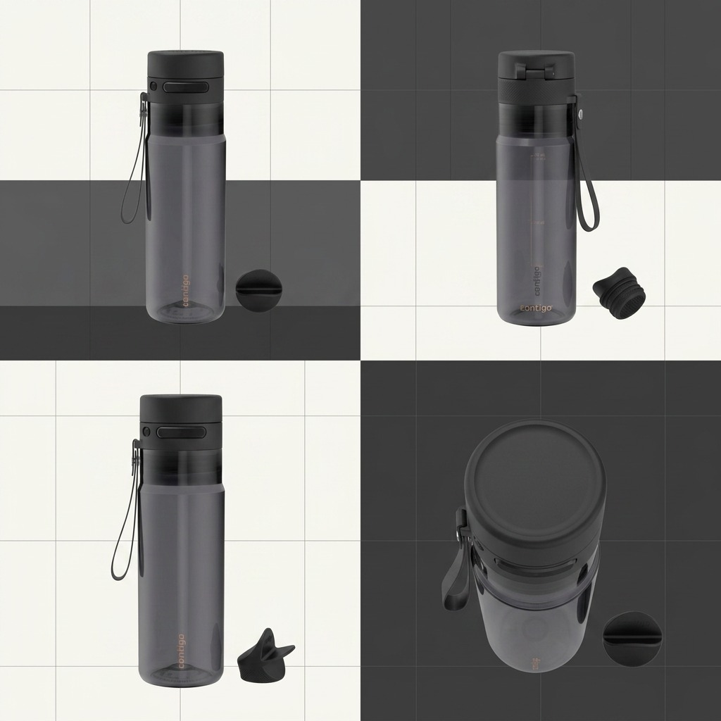 Four angles of the black 24oz Contigo AutoPop Water Bottle in Licorice with agitator ball.