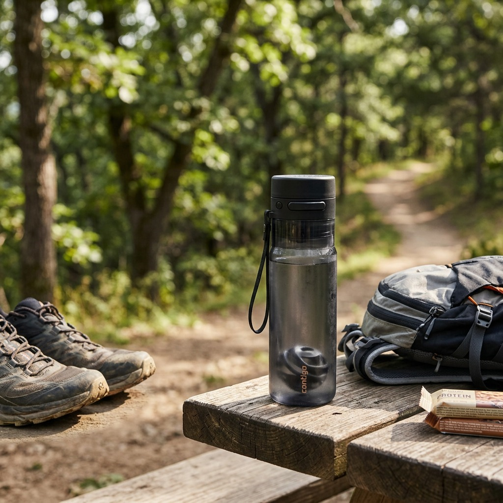 A 24oz Contigo AutoPop Water Bottle in Licorice on a forest trail bench with hiking gear.