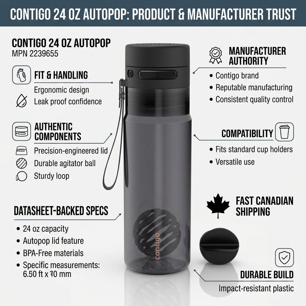Infographic for the Contigo 24 oz AutoPop water bottle highlighting leak-proof lid, agitator ball, and BPA-free plastic build.